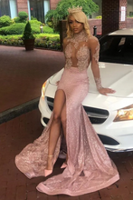 Load image into Gallery viewer, Dusty Pink Glitter Prom Dress 2025 Mermaid with Long Sleeves Slit