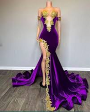 Load image into Gallery viewer, Off-the-shoulder Purple Velvet Prom Dress 2025 with Gold Lace Appliques