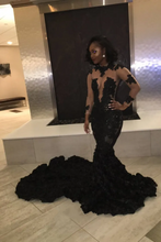 Load image into Gallery viewer, Mermaid Black Lace Appliques Prom Dress 2025 with Long Rose Train