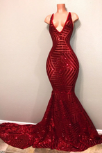 Load image into Gallery viewer, V-neck Burgundy Pattern Sequin Prom Dress 2025 Mermaid