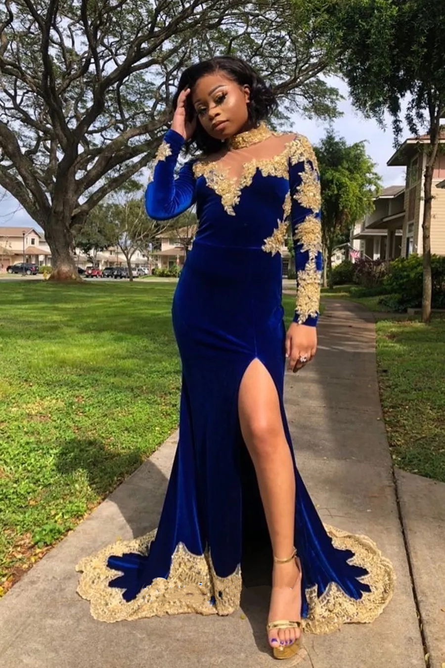Royal Blue Velvet with Gold Appliques Prom Dress 2025 for Black Girl DCdress Royal Blue Velvet with Gold Appliques Prom Dress 2025 for Black Girl DCdress