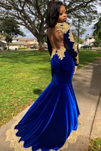 Load image into Gallery viewer, Royal Blue Velvet with Gold Appliques Prom Dress 2025 for Black Girl
