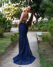 Load image into Gallery viewer, Dark Navy Long Mermaid Spaghetti Straps Backless Lace Prom Dresses
