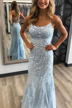 Load image into Gallery viewer, Elegant Long Spaghetti Straps Lace Mermaid Backless Prom Dresses
