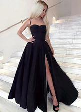 Load image into Gallery viewer, Black Satin Prom Dresses Spaghetti Straps Sweetheart Long A Line Party Dress With Side Slit