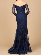 Load image into Gallery viewer, Mermaid Mother of the Bride Dresses Lace Appliques Wedding Guest Dress V Neck Tulle Formal Dress Long Sleeves