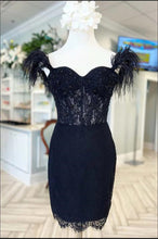 Load image into Gallery viewer, Black Homecoming Dress 2023 Short Off the Shoulder Lace with Feathers