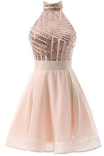 Load image into Gallery viewer, Pink Homecoming Dress 2023 Short Halter Neck Tulle Sequined
