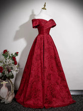 Load image into Gallery viewer, Wine Red Floral Satin Off The Shoulder Sweetheart Prom Dress, A-line Evening Dress