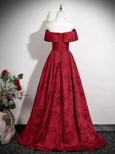 Load image into Gallery viewer, Wine Red Floral Satin Off The Shoulder Sweetheart Prom Dress, A-line Evening Dress