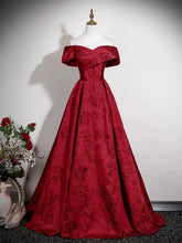 Load image into Gallery viewer, Wine Red Floral Satin Off The Shoulder Sweetheart Prom Dress, A-line Evening Dress