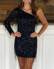 Load image into Gallery viewer, Black Homecoming Dress 2023 Short One-shoulder Long Sleeve Sequin