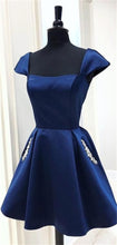 Load image into Gallery viewer, Dark Blue Homecoming Dress 2023 Short Square Neck Cap Sleeves Satin with Pocket
