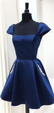 Load image into Gallery viewer, Dark Blue Homecoming Dress 2023 Short Square Neck Cap Sleeves Satin with Pocket