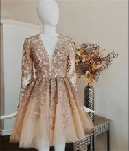 Load image into Gallery viewer, Unique Homecoming Dress 2023 Floral V Neck Long Sleeves Tulle with Appliques