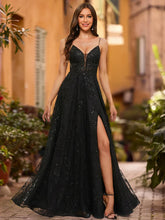 Load image into Gallery viewer, A-Line V-Neck Sleeveless Split Side Sequins Lace Prom Dresses With Slit