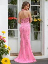 Load image into Gallery viewer, Mermaid Slit Halter Sleeveless Beading Prom Dresses Tulle With Lace Applique