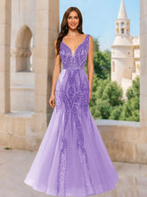 Load image into Gallery viewer, Mermaid V-Neck Sleeveless Sequins Prom Dresses With Tulle