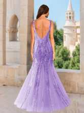Load image into Gallery viewer, Mermaid V-Neck Sleeveless Sequins Prom Dresses With Tulle