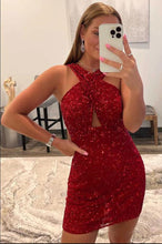 Load image into Gallery viewer, Burgundy Homecoming Dress 2023 Short Halter Neck Sequin Backless