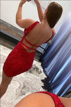 Load image into Gallery viewer, Burgundy Homecoming Dress 2023 Short Halter Neck Sequin Backless