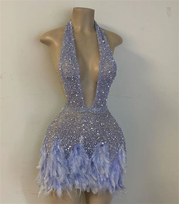 Sexy Homecoming Dress 2023 Short Plunging Neck Sequin with Feathers