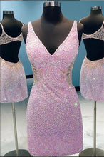 Load image into Gallery viewer, Pink Homecoming Dress 2023 Short V Neck Sleeveless Sequin