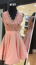 Load image into Gallery viewer, Pink Homecoming Dress 2023 Short V Neck Lace Sleeveless