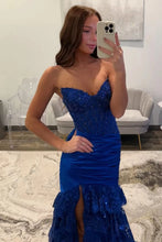 Load image into Gallery viewer, Mermaid Strapless Sequins Lace Appliques Prom Dress with Slit