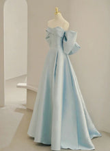 Load image into Gallery viewer, Light Blue Satin Sweetheart A-line Train Simple Long Prom Dresses