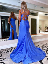 Load image into Gallery viewer, Mermaid Spaghetti Straps Satin Prom Dress With pleated