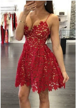 Load image into Gallery viewer, Red Homecoming Dress 2023 Short Spaghetti Straps Lace