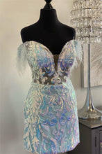 Load image into Gallery viewer, White Homecoming Dress 2023 Short Off the Shoulder Sequin with Feathers
