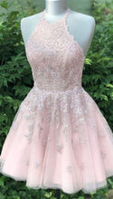 Load image into Gallery viewer, Pink Homecoming Dress 2023 Short Halter Neck Tulle with Lace Appliques