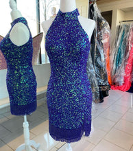 Load image into Gallery viewer, Royal Blue Homecoming Dress 2023 Short Halter Neck Sequin Tassels