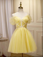 Load image into Gallery viewer, Yellow Homecoming Dress 2023 Short Fairy Spaghetti Straps Tulle with Sleeves