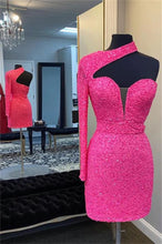 Load image into Gallery viewer, Hot Pink Homecoming Dress 2023 Short One-shoulder Long Sleeve Sequin