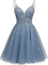 Load image into Gallery viewer, Elegant Homecoming Dress 2023 Short Spaghetti Straps Lace Appliques Tulle Corset Back