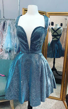 Load image into Gallery viewer, Blue Homecoming Dress 2023 Short V Neck Straps Sequin