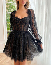 Load image into Gallery viewer, Black Homecoming Dress 2023 Short Sweetheart Tulle with Long Sleeves