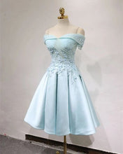 Load image into Gallery viewer, Sky Blue Homecoming Dress 2023 Short Off the Shoulder Satin with Appliques