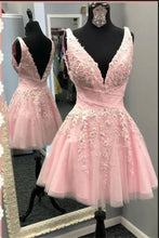 Load image into Gallery viewer, Pink Homecoming Dress 2023 Short V Neck Sleeveless Tulle with Appliques