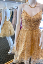 Load image into Gallery viewer, Gold Homecoming Dress 2023 Short Spaghetti Straps Tulle Sequined