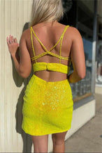 Load image into Gallery viewer, Yellow Homecoming Dress 2023 Short V Neck Sleeveless Sequin