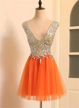 Load image into Gallery viewer, Orange Homecoming Dress 2023 Short V Neck Sleeveless Tulle