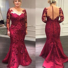 Load image into Gallery viewer, Burgundy Mermaid Mother of the Bride Dresses Lace Illusion Neck Wedding Party Gowns Long Sleeves