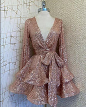 Load image into Gallery viewer, Dusty Rose Homecoming Dress 2023 Short V Neck Long Sleeves Sequin

