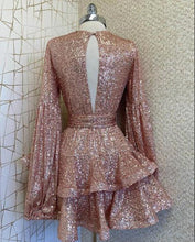 Load image into Gallery viewer, Dusty Rose Homecoming Dress 2023 Short V Neck Long Sleeves Sequin