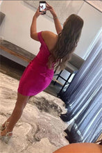 Load image into Gallery viewer, Fuchsia Homecoming Dress 2023 Short Off the Shoulder Satin