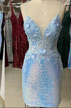 Load image into Gallery viewer, Blue Homecoming Dress 2023 Short Spaghetti Straps Floral Sequin